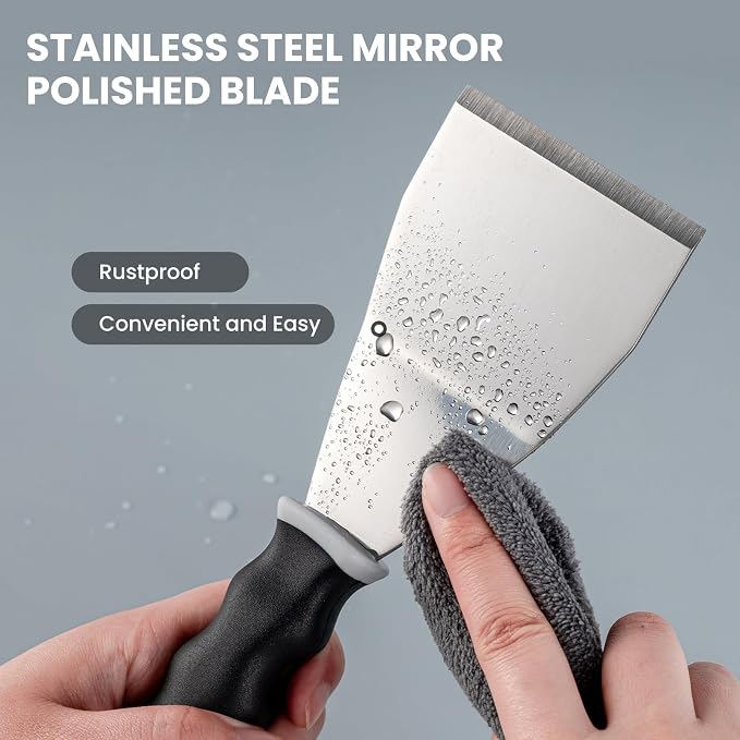 Mister Rui 2 Pack 3" Bent Paint Scraper & 10-in-1 Putty Knife, Stainless | Metal curved floor scraper & putty knife set for cleaning, paint removal, and surface repairing. stainless, rust-resistant