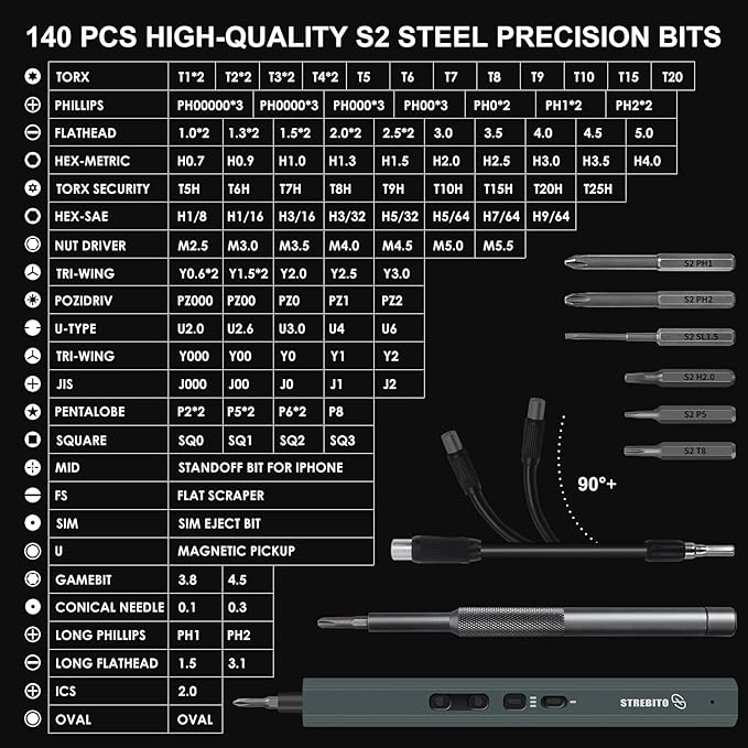 STREBITO Electric Screwdriver, 155 in 1 Precision Electric Screwdriver Set | 140 S2 Magnetic Bits, 3 Torque Settings, 650mAh Battery, Electronic Power Screwdriver Tool Kit for RC, Computer, PC, Laptop