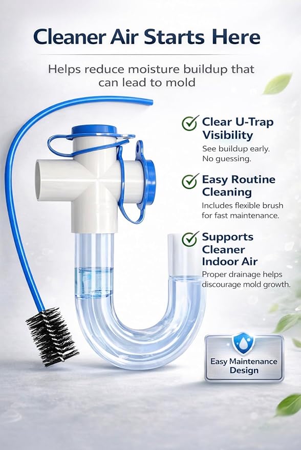 3/4 Clear PVC Condensate Trap P Trap With Cleaning Brush, PVC Trap With Easy Clean Ports Essential Component To Ensure Optimal Performance Of Your HVAC System. ECWB