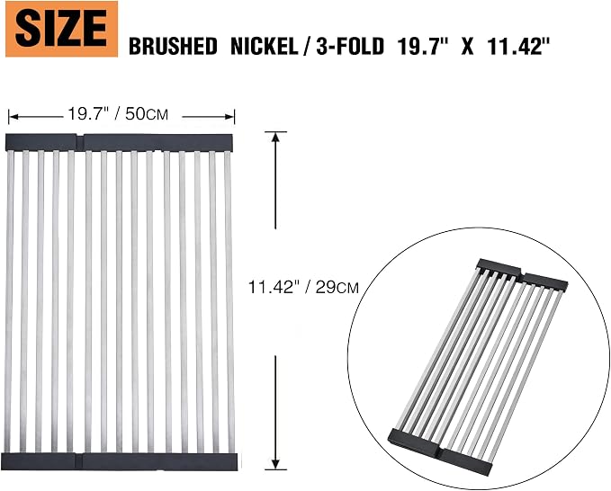 Foldable Over Sink Dish Drying Rack, 304 Stainless Steel Kitchen Drain Rack for Tableware, Detachable Silicone Edge, Rectangular Tubing (Brushed Nickel, 3 Fold 19.7" x 11.42")