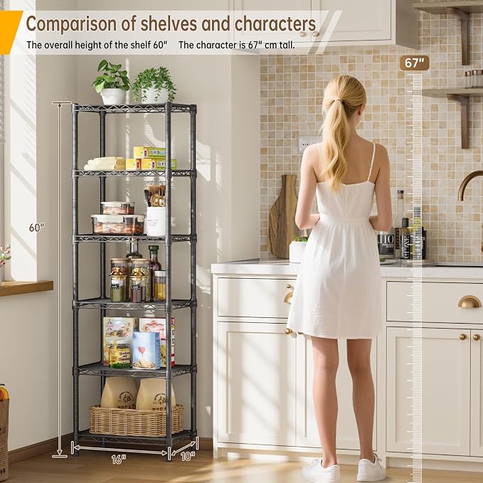 Golpart 6Tier Adjustable Storage Shelves Metal Wire Shelving Standing Shelf | Utility Heavy Duty Unit Rack Closet Organize for Home Kitchen Laundry Room Organization Pantry 10"Dx16"Wx63"H Black