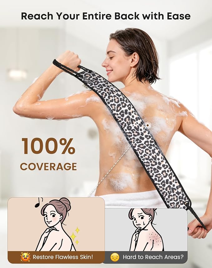 eaxun Exfoliating Back Scrubber with Two Handles & Glove for Shower, Dual-Sided Bath Exfoliator and Mitt with Mesh Loofah for Men, Women, Elderly, Deep Cleansing Body Washer Set - Leopard