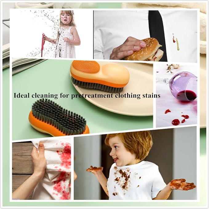 Two-Sided Laundry Stain Remover Brush, White | Soft Silicone Bristle Side for Delicate Fabrics Knits, Hard Bristle Side for Tough Stain, Easy to Grip, Hand Washing Clothes