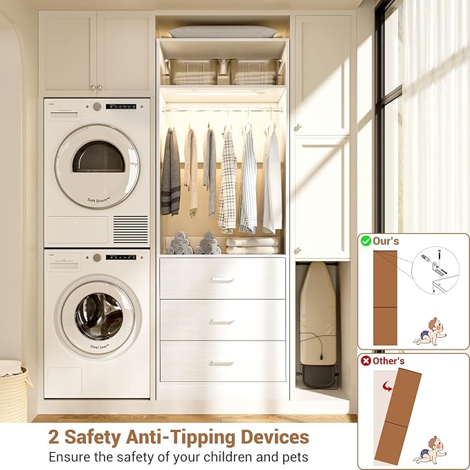 Besiost 8FT Closet System with 4 Motion Sensor LED Lights, 96" Closet Systems with 12 Drawers, Closet Organizer System with 4 Hanging Rods & 4 Shelves, Heavy Duty 96 Inch Walk-in Closet, White