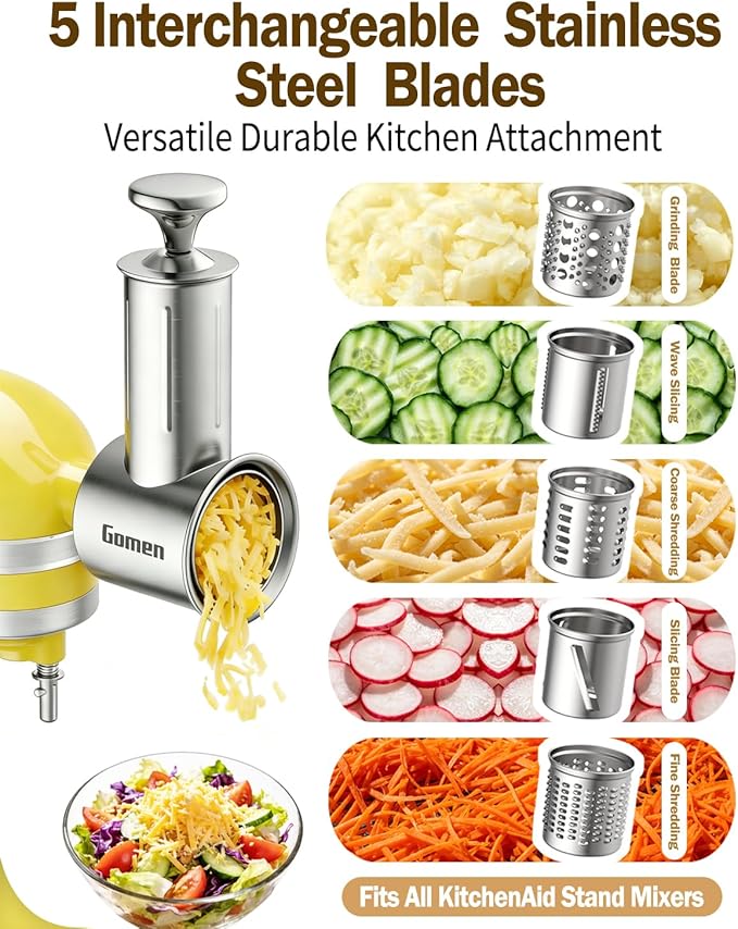 Stainless Steel Slicer Shredder Attachment for Kitchenaid Stand Mixer, 5 Blades Cheese Grater and Vegetable Slicer Set, All-in-One Food Prep Tool, Effortless Salad Maker Accessories, Dishwasher Safe