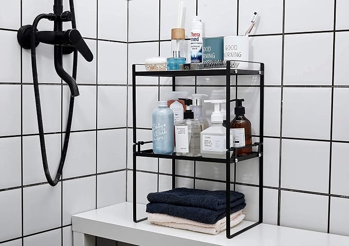 Shantton 2pk Kitchen Cabinet Shelf Counter Organizer Rack Pantry Storage Bathroom Bedroom Office Table Desk Space Saving Steel Frame Stackable Rust Resistant Non Slip Black-Tall-L13in W8.3in H9.5in