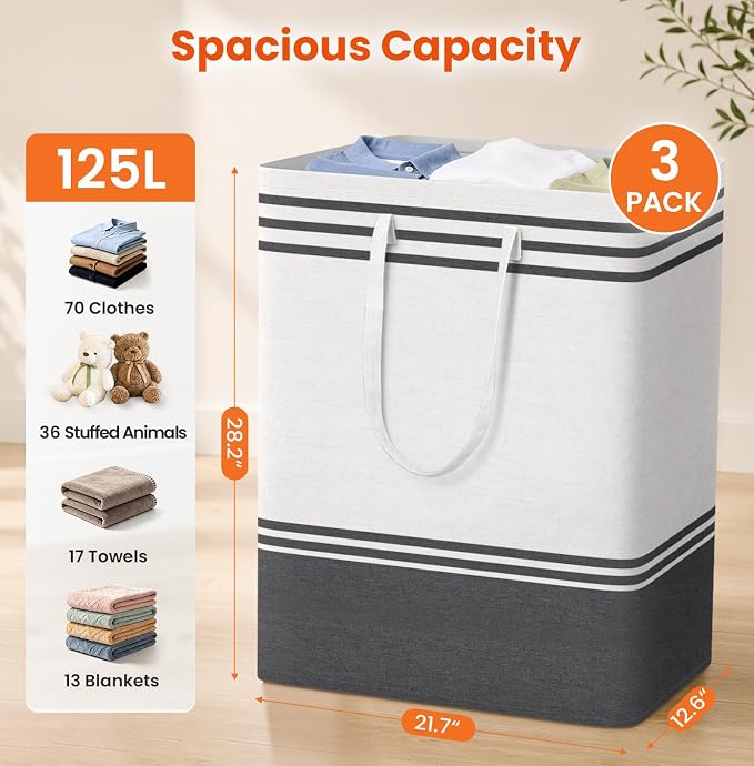 TranquilRelax 3-Pack Laundry Basket, Laundry Hamper, Grey-125L | Freestanding＆Water-Resistant Laundry Hamper, Collapsible Tall Clothes Hamper with Carry Handles for Clothes, Laundry Basket