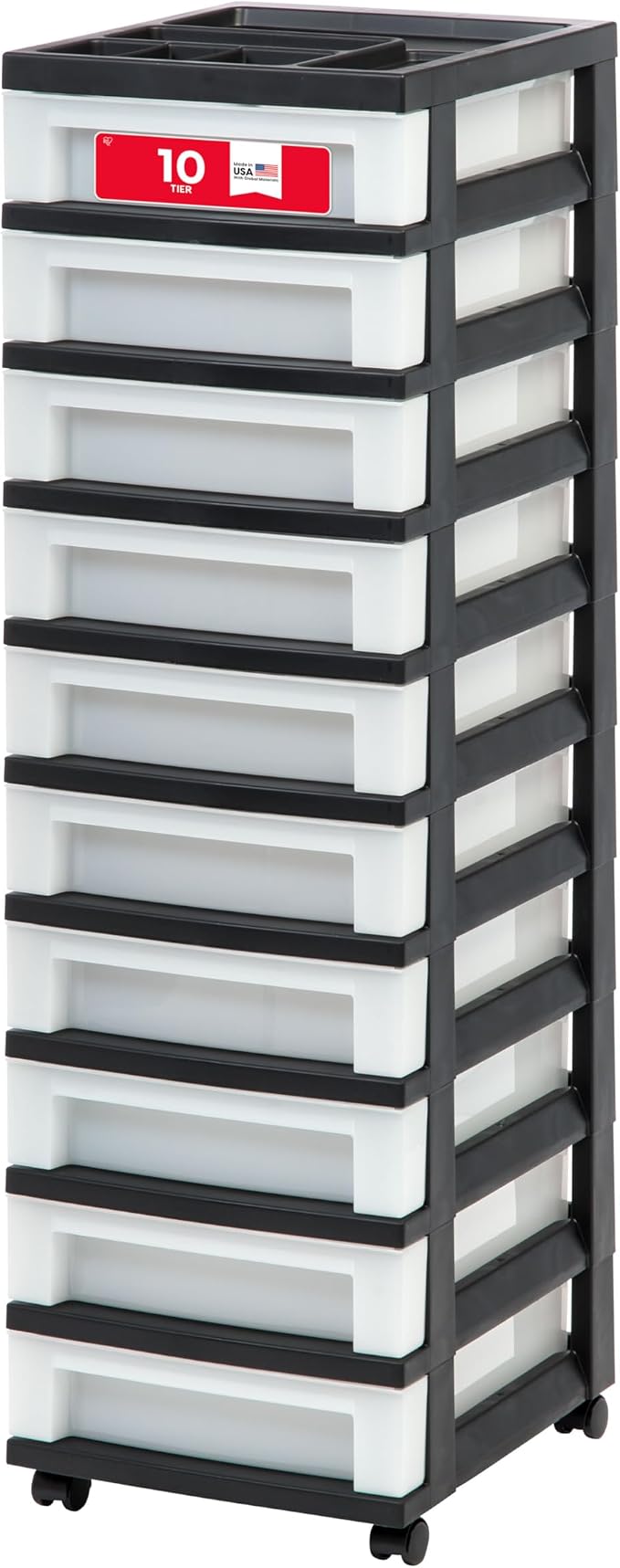 IRIS USA 10-Drawer Rolling Storage Cart, Black/Pearl | Keep craft supplies, office essentials, classroom items, and accessories organized with easy-access drawers for daily use