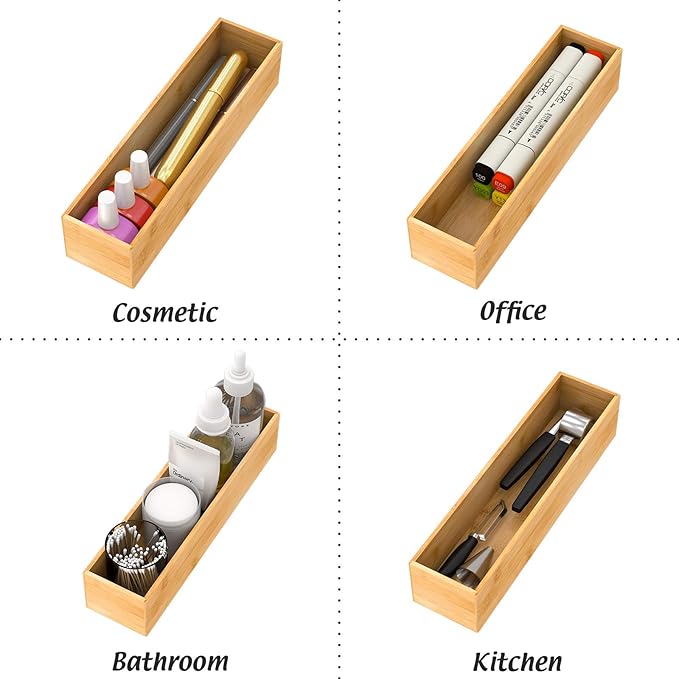 Bamboo Kitchen Drawer Organizer 12"x 3", Storage Box for Utensil Organizer | Wooden Silverware Tray Cutlery Holder Flatware Containers, Multi-Use Deep Drawer Dividers Organizer for Bathroom, Jewelry