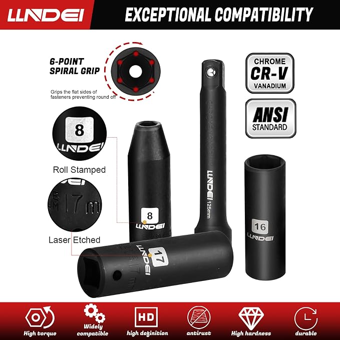 1/2" Impact Socket Wrench Set: 49Pcs, CR-V, Metric | Combination Wrenches (8-17mm), Deep Sockets(8-24mm), Spark Plug Socket(16,21mm), Household&Automotive Repairing