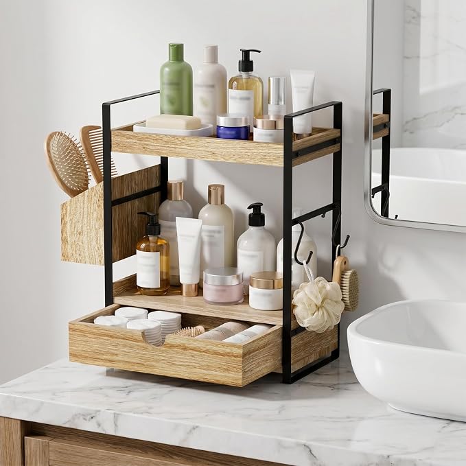 Kottwca 2-Tier Bathroom Counter Organizer with Drawer, Basket & Hooks, Wooden Vanity Shelf for Skincare, Perfume & Makeup Storage(Light Brown)