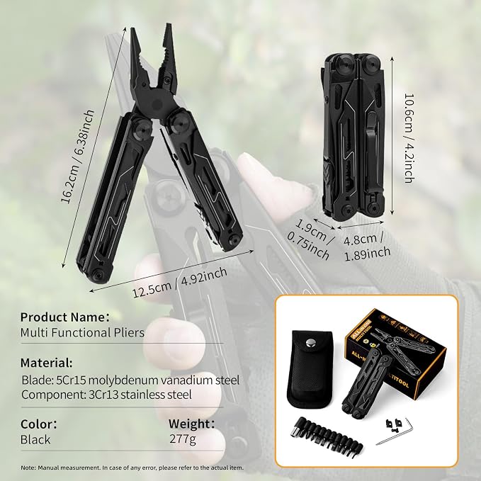 28-in-1 Multitool Pliers with Scissors,Saw, Screwdrivers,Rope Cutters,Can Opener,File,Carrying Pouch,Stainless Steel Pocket Multi-Tool Ideal for Camping Survival Toolkit and Gift for him (Black)