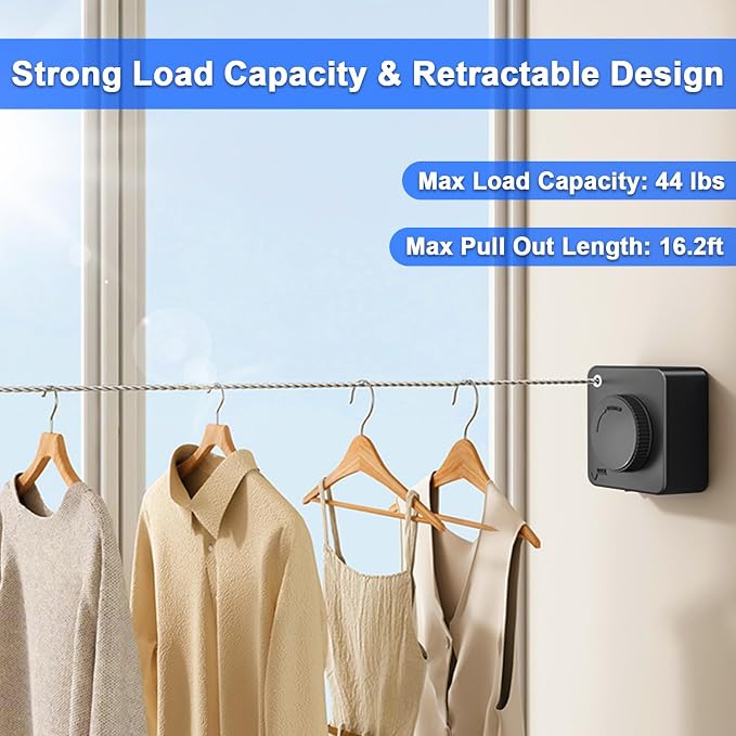 2 Pack Retractable Clothesline Indoor & Outdoor, 16.2Ft Non-Sagging (Black) | Stainless Steel Heavy Duty Design Laundry Wash Line with Wall Mounted, Space-Saving Drying Rack for Bathroom, Balcony