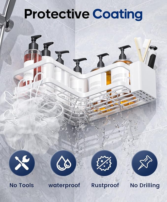 3 Pack Corner Shower Shelves, Rustproof Shower Organizer Caddy | No Drilling Shower Organizer Corner Exclusively for 90 Degree Right-Angle Walls with Hooks and Toothpaste Holder, White