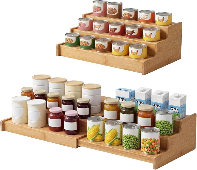 3-Tier Expandable Bamboo Can Rack Organizer for Kitchen Pantry,Expands in Width 13 to 22.8 Inches,for Cans,Spice Jars & Snacks,22 lb Easy-View Cabinet Countertop Shelf