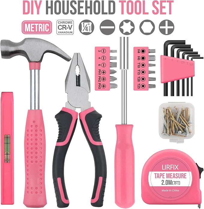 24PCS Mini Compact Pink Household Hardware Tool Set, Beginner Basic DIY Small Repair Tool Kit for Women, Home Assembly Mainten ance Hand Tools, Premium Gift Set for Household Daily Repairs ﻿