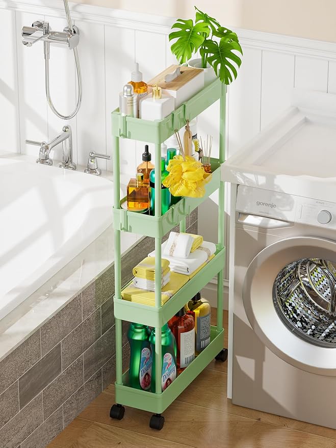 LEHOM 5.1" Slim Storage Cart - 4 Tiers Bathroom Organizer Rolling Utility | Mobile Shelving Unit Storage Rolling Utility Cart Slide Out Organizer for Kitchen Bathroom Laundry Narrow Places, Green