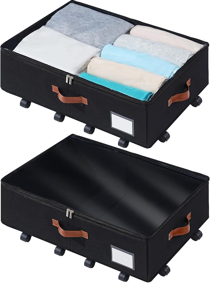 Freebat Under Bed Storage with Wheels 2 Pack, Underbed Container | 7.5 inch Height Under Bed Drawers with Clear Lid Cover, Storage Bag Box with Visiable Window for Clothes, Bedsheet, Pillow