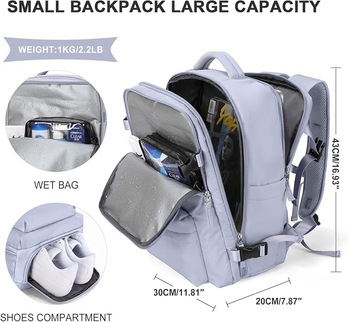 WONHOX Carry on Travel Laptop Backpack Personal Item Size for Women Men Flight Approved,Backpack for Women Travel Bag Hiking Outdoor Sports Rucksack Casual Daypack, Taro Purple