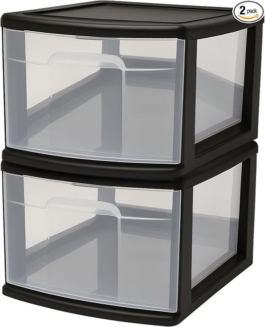 HOMZ 2-Pack 1-Drawer Storage Cart, Clear Plastic Container, 14.25" Wide Medium, Black Frame - Organizing Drawer Containers for Home, Bathroom, Bedroom, Office, and Classroom