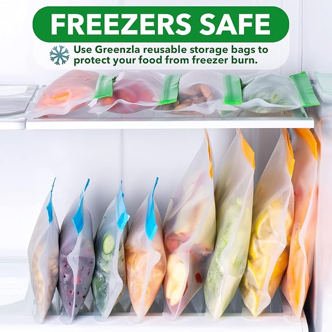 GREENZLA 8 Pack Reusable Gallon Freezer Bags | BPA-Free | Leakproof | Meal prep, marinating & freezer storage | Kid-friendly zipper