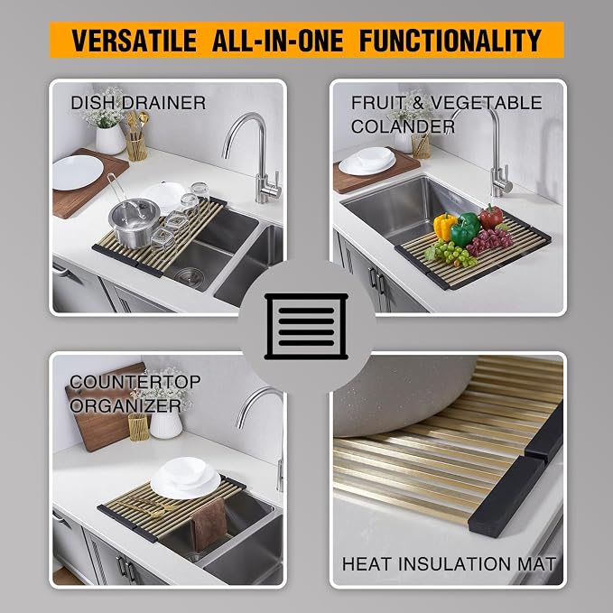 Foldable Over Sink Dish Drying Rack, 304 Stainless Steel Kitchen Drain Rack for Tableware, Detachable Silicone Edge, Rectangular Tubing (Brushed Gold, 4 Fold 17.72" x 15.36")