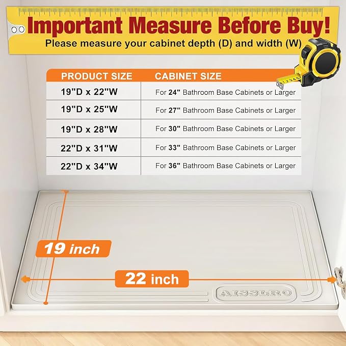 Aisslro Under Sink Mat 22" X 19", Waterproof Silicone Cabinet Organizer Protector with Raised Edge, Kitchen & Bathroom Leak Tray, Shelf Liner & Pet Feeding Mat for Dog Cat Food Mats, Beige