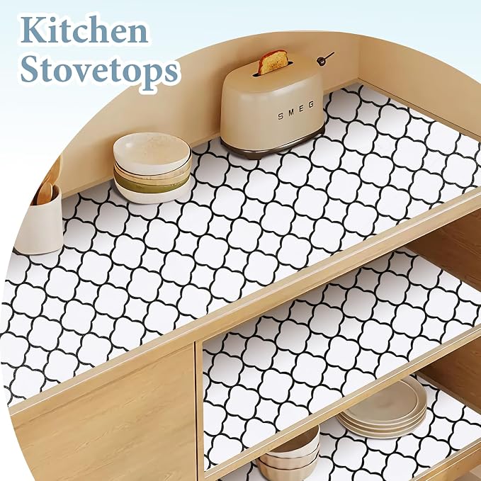 Shelf Drawer Liners for Kitchen Cabinets 17 in X 30 Ft Drawer Liner | Non Adhesive Thickened Refrigerator Liner Black Quatrefoil Strong Non-Slip Paper for Tool Box with Knife and Tape Measure