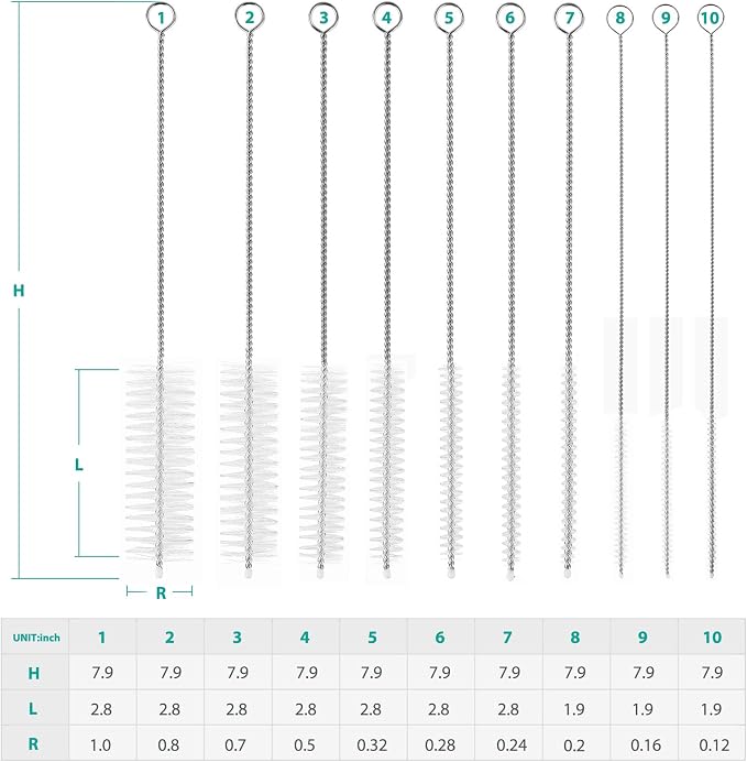 CiaraQ Bottle Cleaning Brushes, 8 Inch Nylon Tube Brush Set | White Cleaner for Narrow Neck Bottles Cups with Hook, Set of 10pcs.