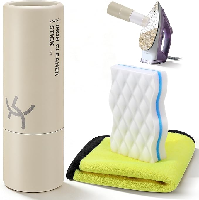Iron Cleaner Kit for Steam Irons with Cleaning Cloth & Sponge Eraser, Non-Toxic Sole Plate Cleaner Removes Fabric Residue, Glue, Limescale, Starch & Burn Marks to Improve Glide