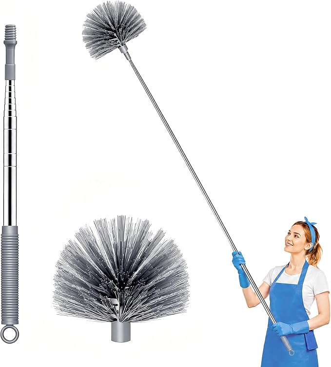 Cobweb Duster with Extension Pole, 90" Spider Web Brush, Grey | Cobweb duster with extension pole & stainless steel telescopic handle. For ceilings, fans & corners. Collapses to 15.7".