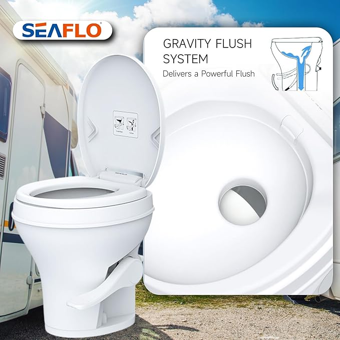 SEAFLO RV Toilet, Residential Height 18.4", Gravity Flush Foot Pedal, Soft Close Seat, Camper Toilet for RV Motorhome Travel Trailer, White, SFRTPH-01-01, 4-Year Warranty