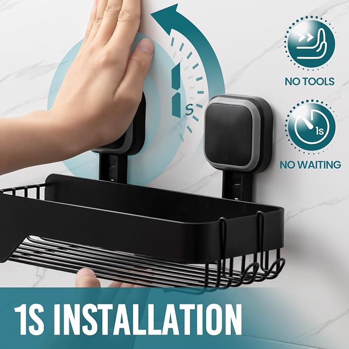 TAILI Shower Caddy Suction Cup Stainless Steel Rustproof Shower Shelves, No Drilling Wall Mounted Basket, Upgraded Removable Suction Cup Bathroom,Black 2pack
