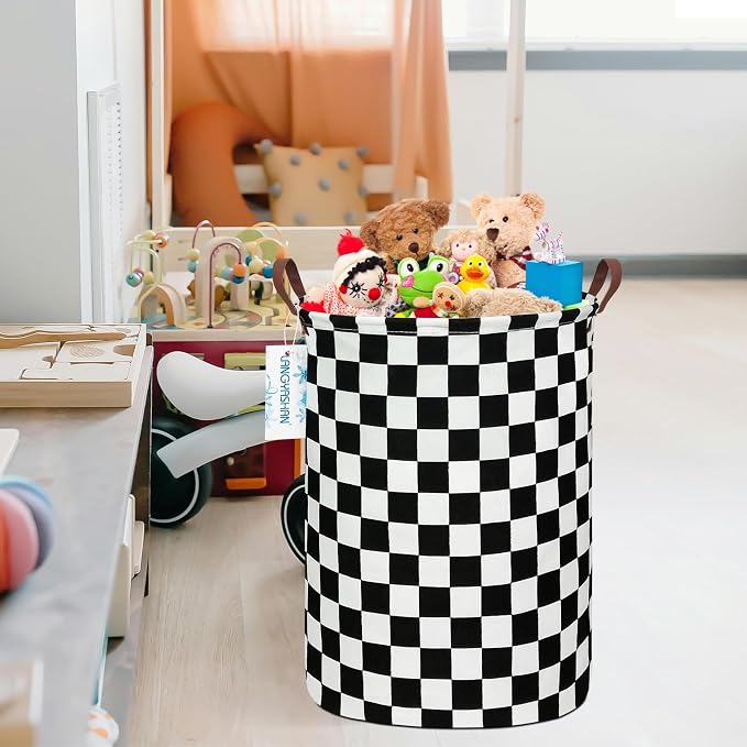 Round Laundry Basket Collapsible Boys Nursery Hamper Organizer Racing Flag | Waterproof Canvas Foldable Storage Bin Car Toy Bins Gift Baskets Bedroom Clothes for Home Play Bedroom Gift