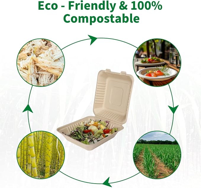 Aricsen Compostable 1 Compartment 100 Pack 8×9 Inch TakeOut Lunch Box Containers with Lid Togo Take Out Clamshell for Food, To Go Disposable Eco-Friendly Biodegradable Bagasse, PFAS-Free, Brown
