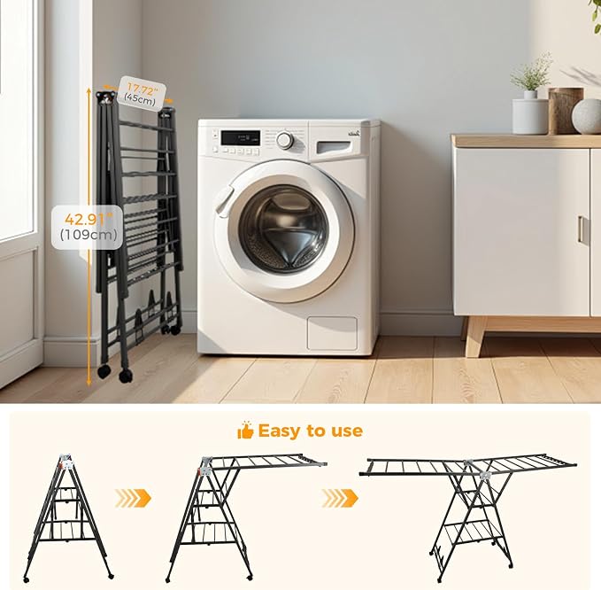 Clothes Rack, 3-Tier Drying Hanger, for 30 Pieces+, Foldable and Space Saving, Portable, Indoor or Outdoor Use, Solid Metal Clotheshorse, Nice for Mum, Gray(1.6 m Wing Length)