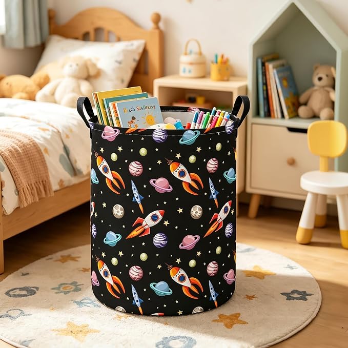 Round Laundry Basket Collapsible Storage Hamper Organizer Planet Rocket | Waterproof Canvas Foldable Baskets with sturdy Handles Multi-scene Organizer for Home Play Bedroom Gift Bin
