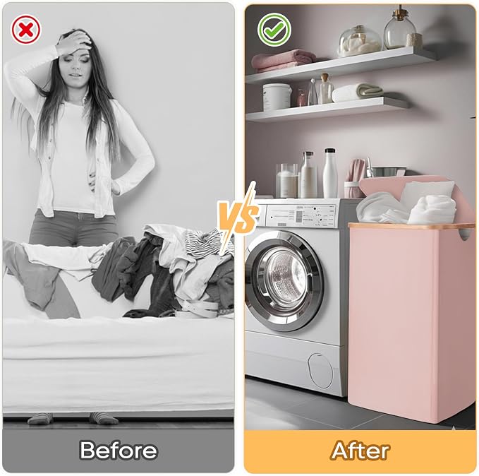 BALEINE Laundry Hamper with Lid, Tall Laundry Baskets with Bamboo Pull Handles, Large Laundry Bin with Internal Support (26 Gal/100L, Pink)