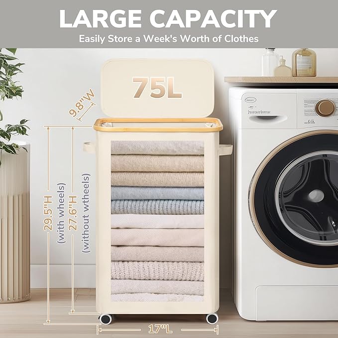 Goodpick 75L Slim Rolling Laundry Hamper with Lid, Beige | 17 × 9.8 × 29.5 in, Removable Laundry Bag, Handles, Dorm, Bathroom & Bedroom Organization, Dirty Clothes Storage