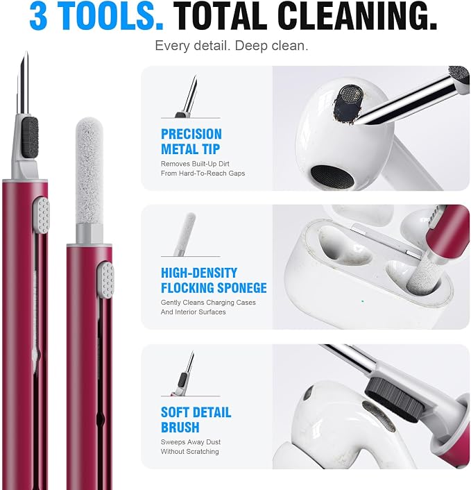 Hyashee Cleaner Kit for Airpods Pro 1 2 3 Multi-Function Cleaning Pen with Soft Brush Flocking Sponge for Bluetooth Earphones Case Cleaning Tools (Red)