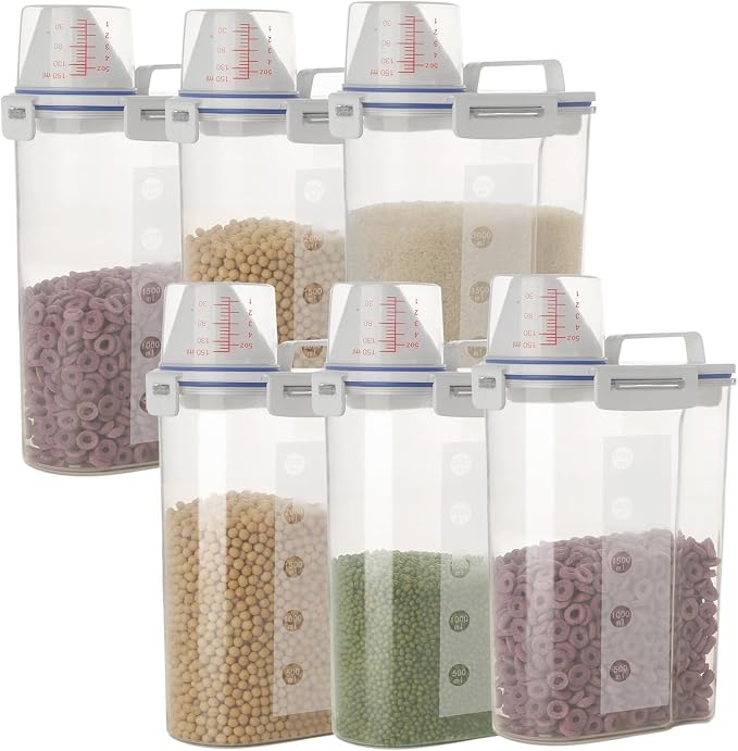 5.5 Lbs Plastic Transparent Tank, Rice Storage Barrel, Household Food Container Grain Storage Box for Oatmeal, Grain, Cereal, Pasta, Flour (6 Packs) | BPA Free, Airtight Lid, See Through, with Pouring Spout, for Kitchen Pantry Dry Food Grain Oatmeal Pe...
