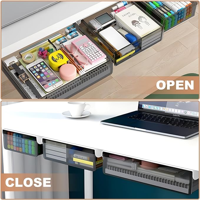 SVNNELP Under Desk Table Drawer Storage Organizer,3 Pack Large & Medium & Small Slide Out Desk Drawers - Hidden Desktop Organizer,Attachable Pencil Storage Tray Under Table(SML)