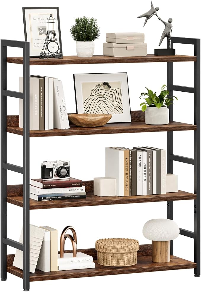 NUMENN Wide Bookshelf, 4 Tier Freestanding Shelving Unit, Vintage | Metal Frame & Wood Shelves, Falling Prevention Baffle, Open Storage Bookcase for Bedroom, Living Room & Home Office