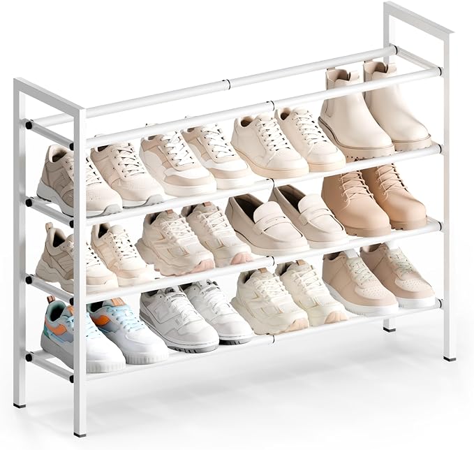 Bumusty 4-Tier Expandable Shoe Rack for Closet, 18“-33” Adjustable Shoe Rack for Small Space, Small Shoe Organizer for Front Door, Sturdy Metal, White