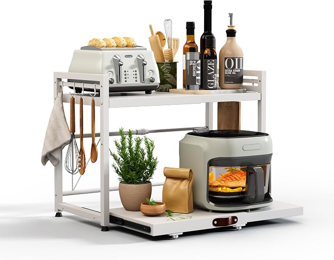 NETEL 2 Tier Expandable Microwave Stand countertop,Microwave Oven Rack | Pull-Out Microwave Shelf, storage shelves for pans &appliances,Adjustable partition height，8 Hooks,55lbs max load,White