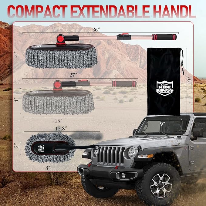 Car Duster Set, Microfiber, 3 Pcs | Lightweight telescoping pole for auto exterior. Sweeps dirt fast & is fully washable. Dash brush & storage bag included.