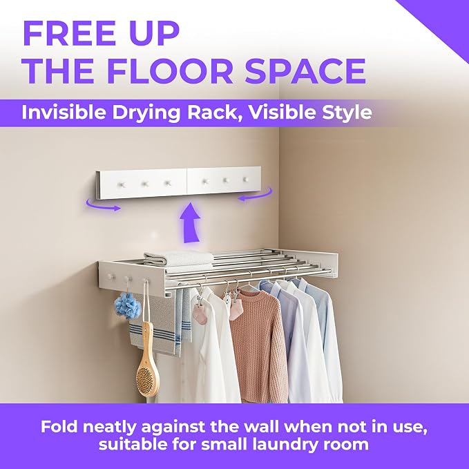 Wall Mounted Clothes Drying Rack - 31.5" Foldable Clothes Drying Rack Wall Mount, 5 Steel Rods With Knobs, Retractable Space-Saving Laundry Rack, Heavy Duty 60 lbs Capacity (Wall Template Included)