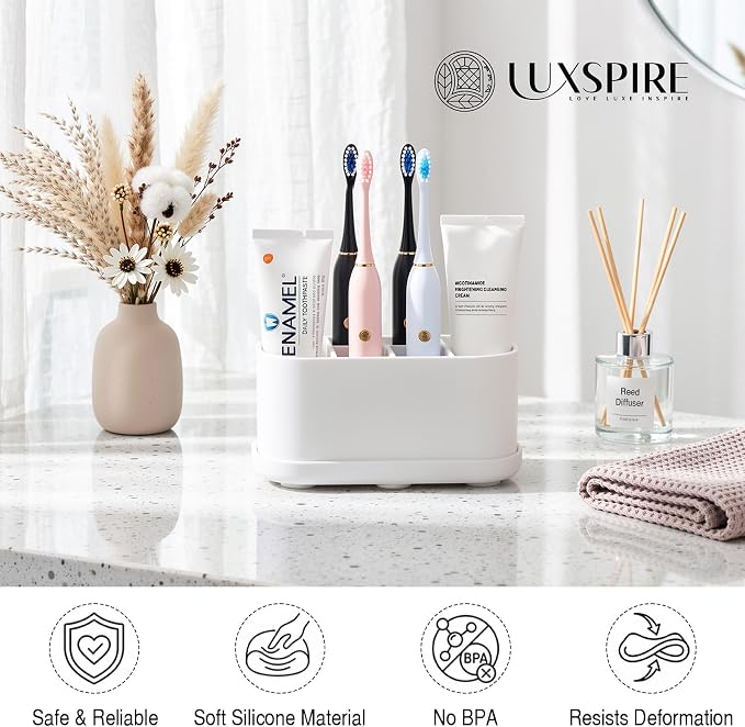 Luxspire Toothbrush Holders for Bathrooms, Silicone, 5 Slots, White | Toothbrush Organizer with Suction Cup Tray, Toothbrush Holder with Drainage for Bathroom Countertop
