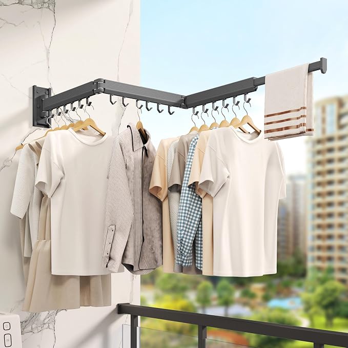 LIENAHU Grey Wall Mounted Clothes Drying Rack, Stainless Steel, Space Saving, Holds Up to 220 Pounds, Ideal for Clothing