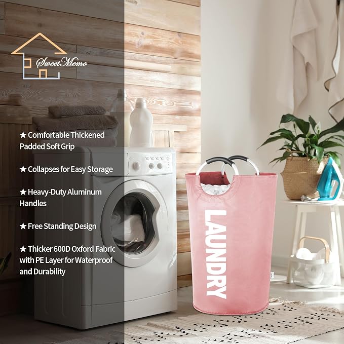 Large Laundry Basket, Laundry Hamper Bag with Handles, 95L, Pink | Freestanding Tall Dirty Clothes Hamper, Collapsible and Portable Laundry Bin for Dorms and Bedrooms, Thick, Sturdy Fabric
